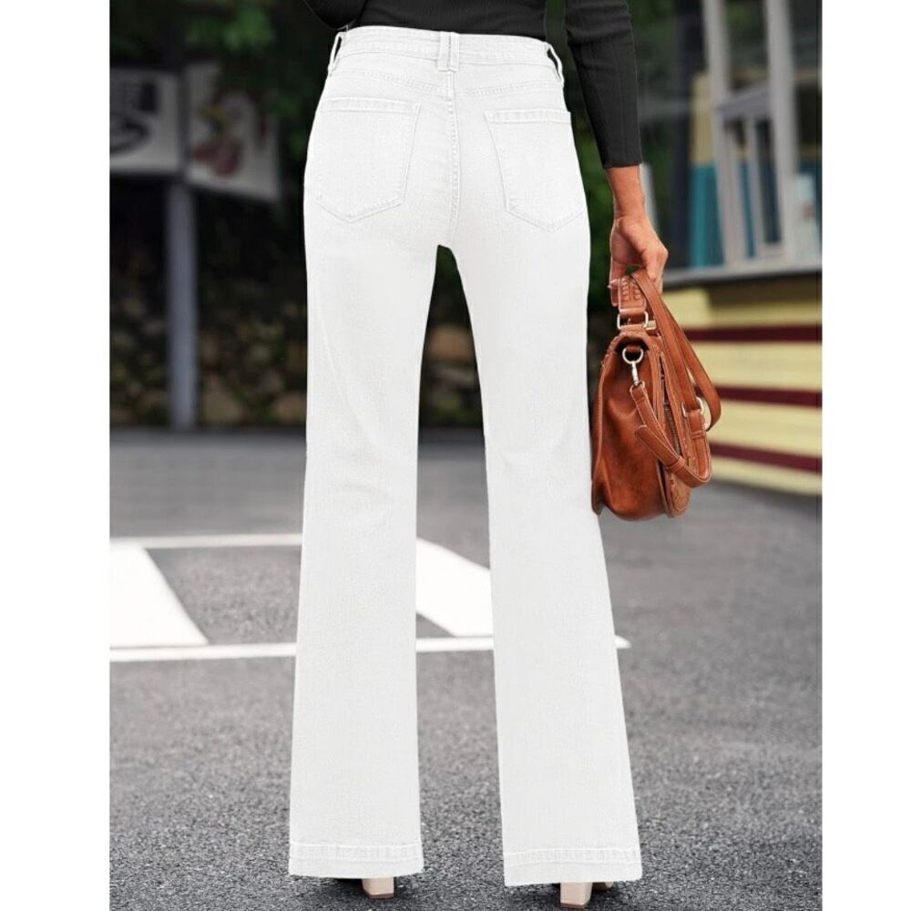 Womens White High Waisted Wide Leg Baggy Denim Flare Pants - Picture 3 of 7